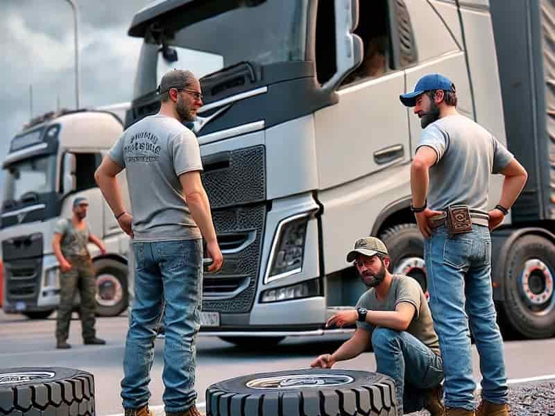 Camioneros controlan neumaticos de camion